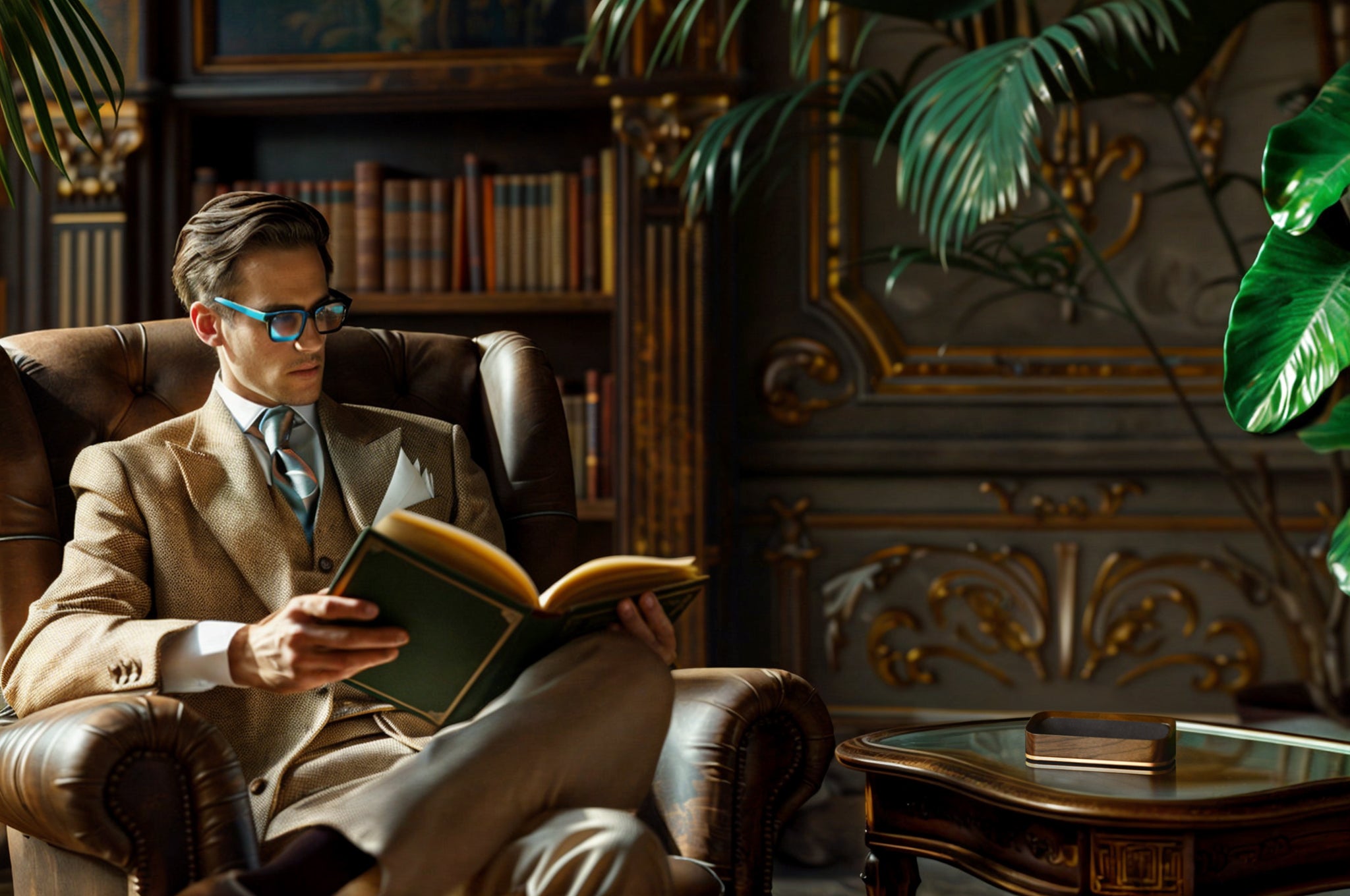 Dark Opulent Study Lifestyle Image of Attractive Man Reading in an Leather Arm Chair with Italico Luxury Glasses Valet sitting on the nearby side table