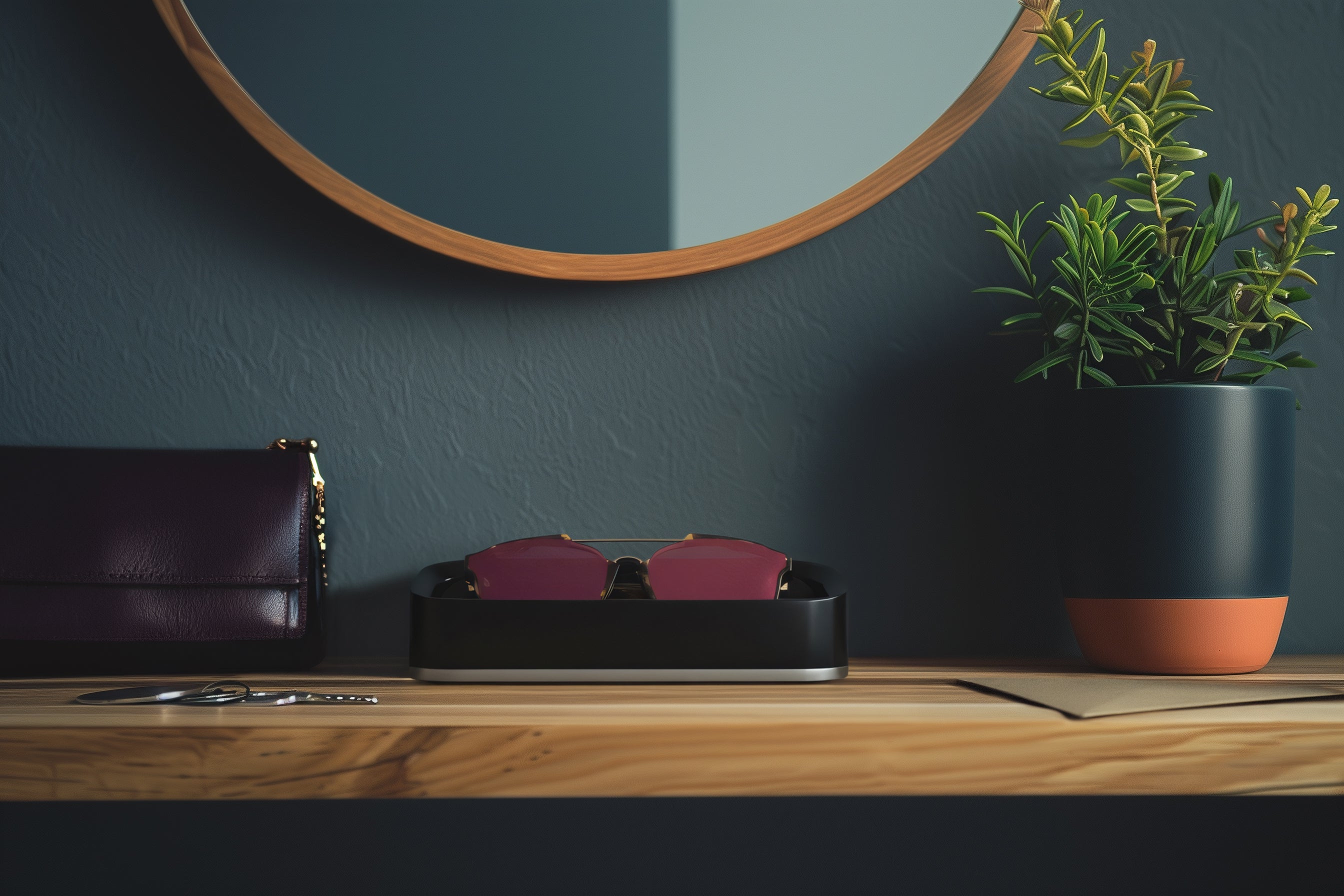 Head On Image of Black Italico Luxury Glasses Valet sitting with Dior sunglasses sitting on an entry way foyer table