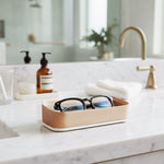 Bright Sunny Lifestyle Image of White Maple Italico Luxury Glasses Valet on a bathroom counter near a sink with black glasses nested inside