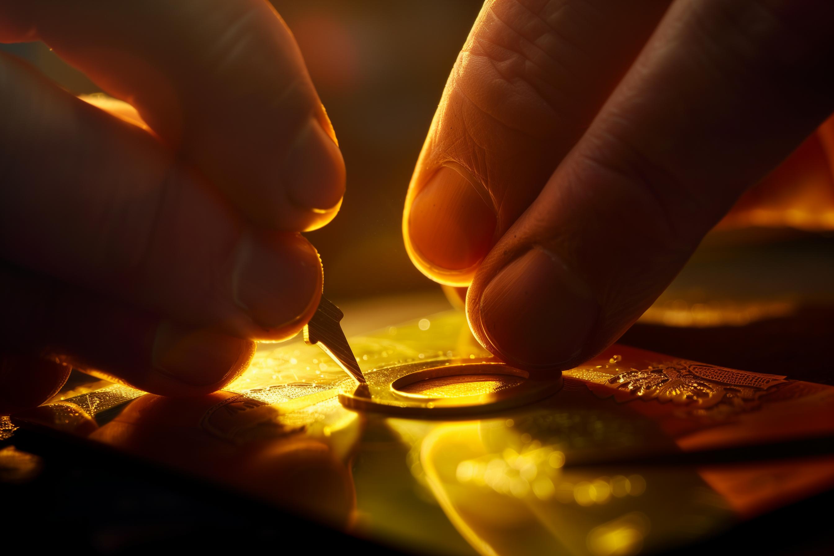 Image of hands carving lettering into gold