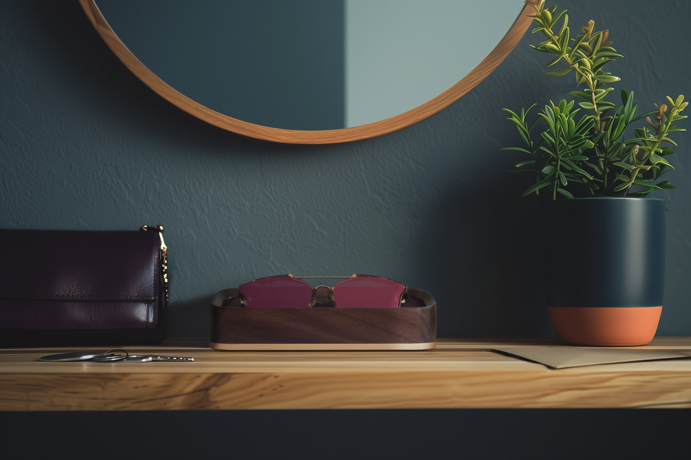 Head On Image of Italico Luxury Glasses Valet sitting with Dior sunglasses sitting on an entry way foyer table