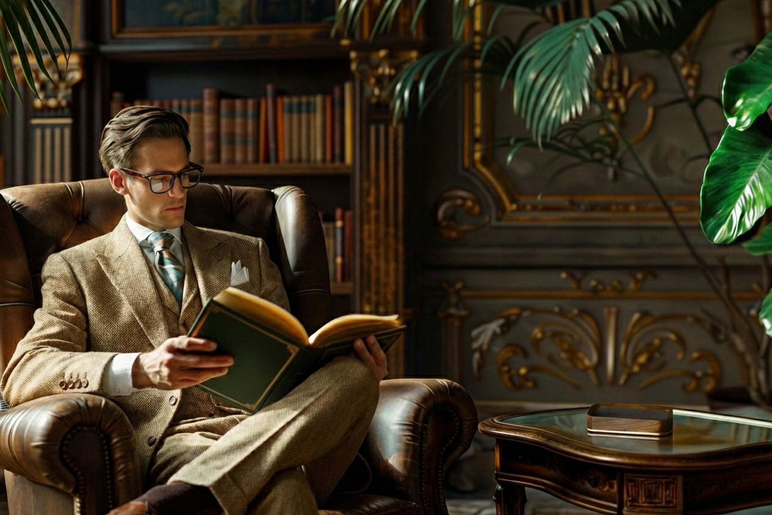 Dark Opulent Study Lifestyle Image of Attractive Man Reading in an Leather Arm Chair with Italico Luxury Glasses Valet sitting on the nearby side table
